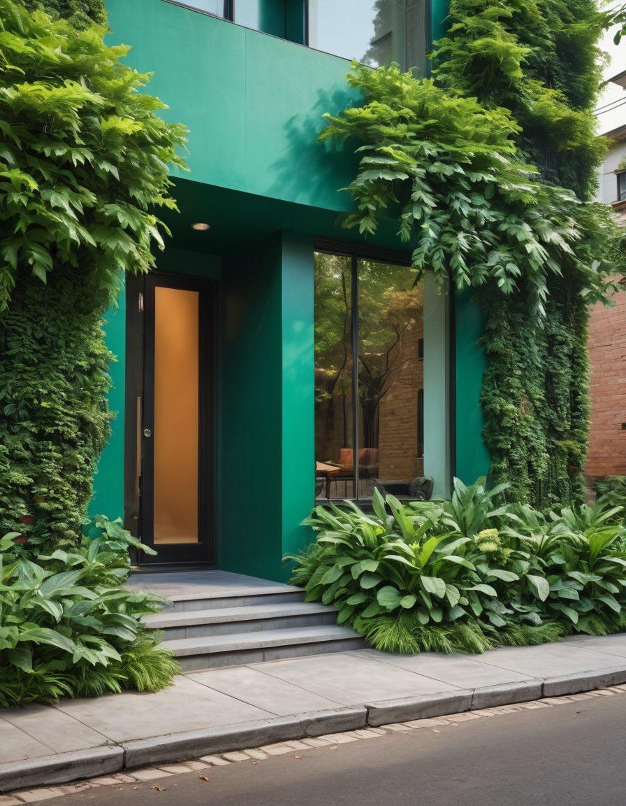 A stunning emerald gemstone surrounded by lush green foliage, seamlessly blending the beauty of nature with urban elements like modern architecture and street art featuring emerald tones. The scene reflects the versatility of emerald in both luxury and design, creating a harmonious balance between nature and urban life. Super-realistic. Vibrant colors. 3D.