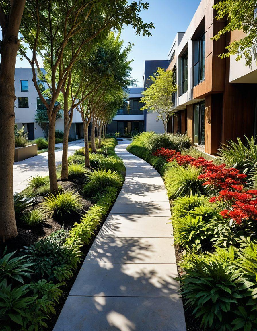 A lush urban environment with vibrant emerald green plants and trees integrating into contemporary architecture. Dynamic pathways winding through green spaces, showcasing natural elements juxtaposed with sleek urban design. Sunlight filtering through leaves, creating a serene atmosphere that highlights biodiversity in the city. Subtle hints of colorful flowers and urban art merging with nature. super-realistic. vibrant colors. 3D.