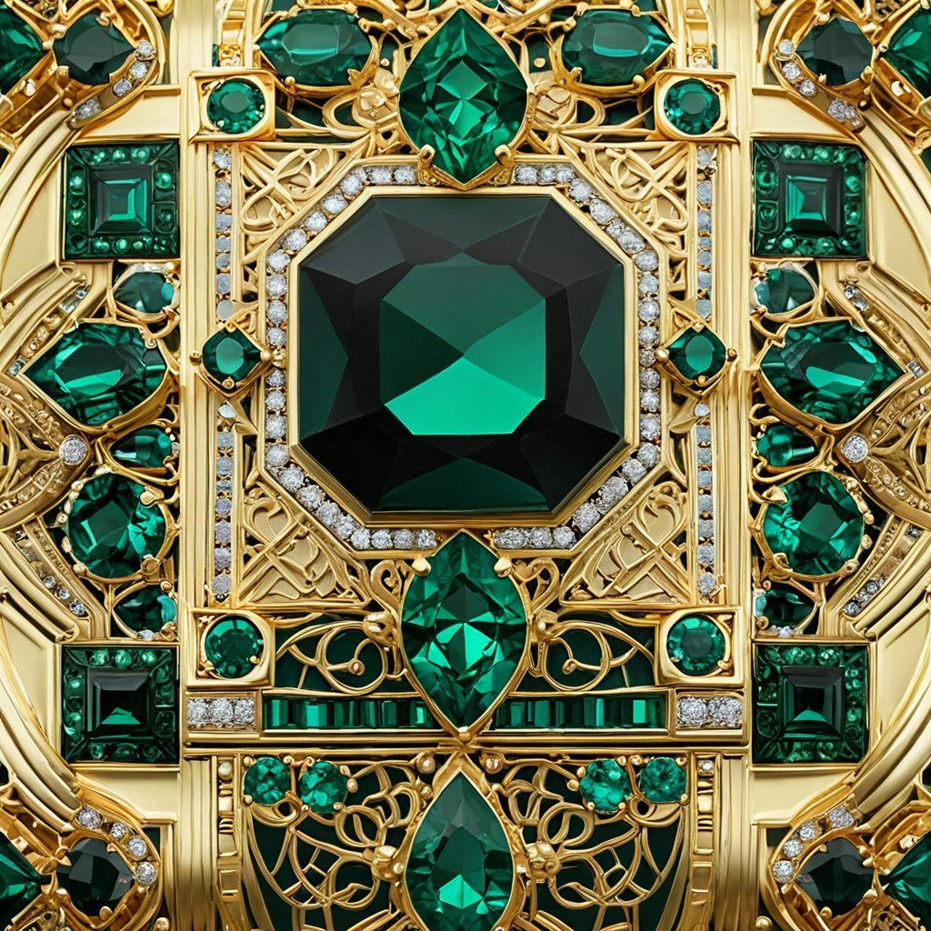 An elegant emerald gemstone at the center, surrounded by a fusion of traditional and modern jewelry designs, featuring intricate metallic patterns and minimalist geometric shapes. Soft green and gold hues dominate the palette, creating a luxurious feel with a hint of innovation. Add subtle lighting effects to emphasize the shine of the emerald, and place the scene on a sleek, modern surface. super-realistic. vibrant colors. elegant background.